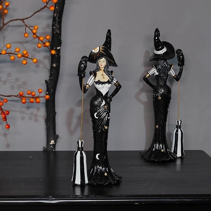 Newman House Studio Halloween Decoration Fairyland Witch Figurine - Magic Witch Holding Broom Dia De Los Muertos Day of Dead Resin Witch Statue Gothic Farmhouse Decor 4.25 * 3.5 * 12.75 in