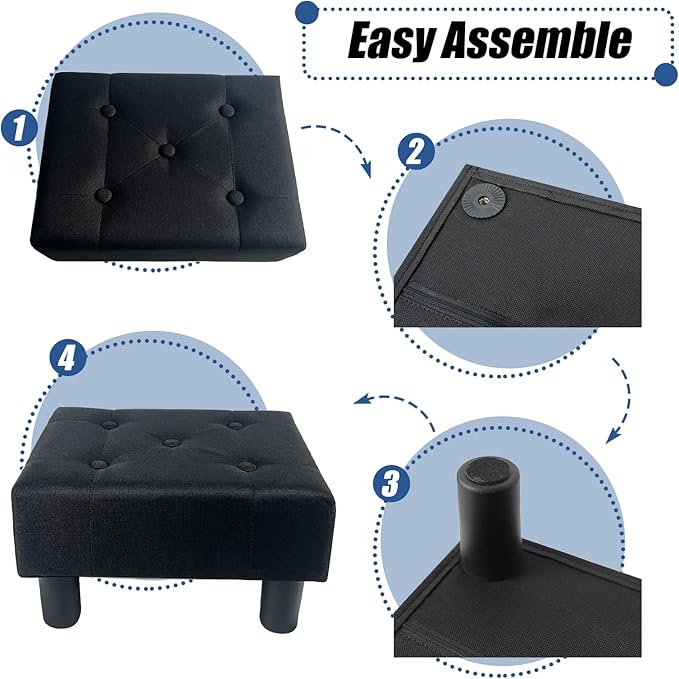 BRIAN & DANY Small Foot Stool, Linen Foot Stools with Legs, Stable Small Footstool for Living Room, Black