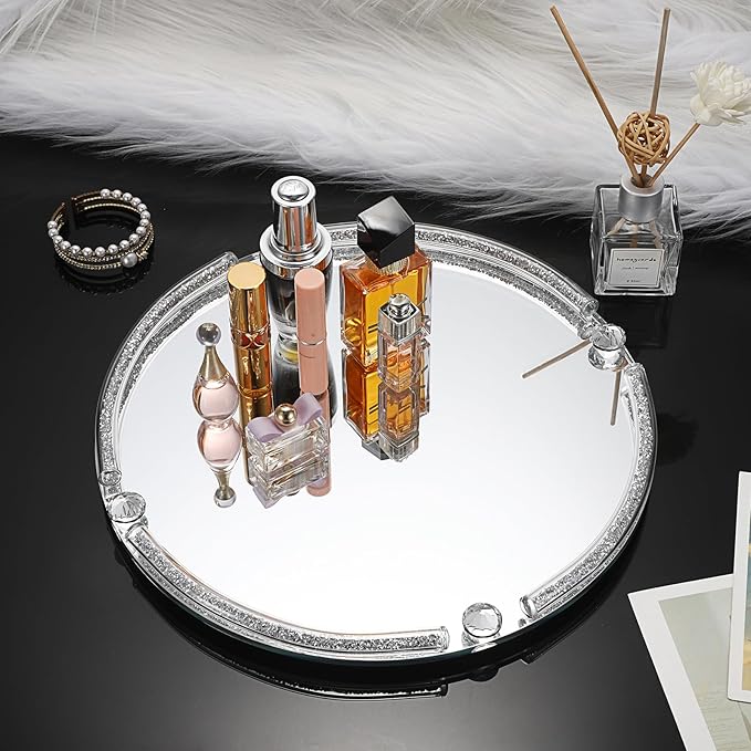 Hipiwe Glass Mirrored Tray, 11.8" Round Mirror Decorative Tray with Crushed Diamond Design for Jewelry, Cosmetics, Bathroom Countertop Makeup Organizer