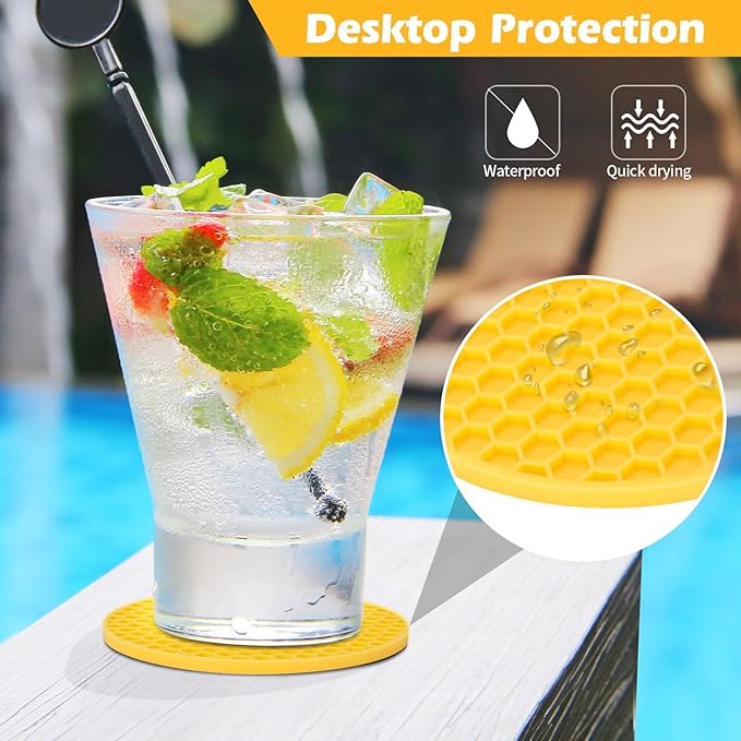 Silicone Coaster Set of 12 with Holder, Drinks Coasters, Beer & Coffee, Suitable for All Cups, Hot or Cold, Anti-Slip, Non-Stick, Anti-Overflow Tabletop Protection and Decor (12 Pcs, Yellow)