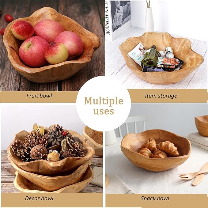 Wooden Decorative Natural Wood Fruit Bowl - Irregular Creative Rustic Hand Carved Serving Bowl for Candy, Snacks, Keys, Home Decor (14"-16" Diameter)