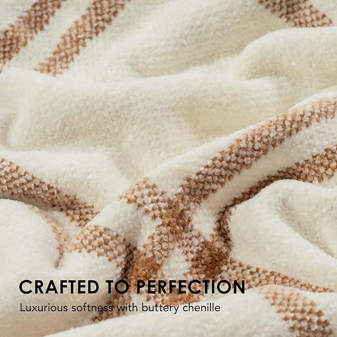 EVERGRACE Plaid Chenille Throw Blanket for Couch, Super Soft Cozy Decorative Windowpane Grid Plaid Throw with Tassels, Lightweight Chenille Knit Throw for Bed Sofa Gift, Cream & Beige 50"x60"