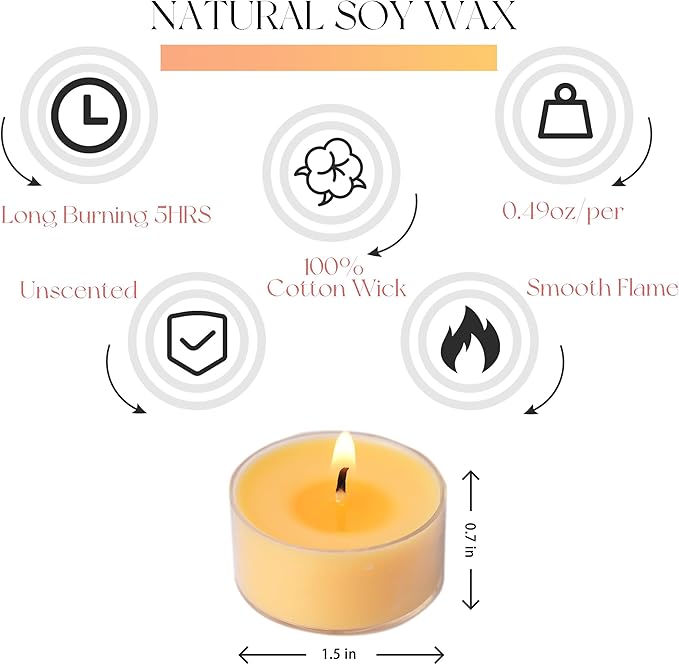 12 Unscented Natural Soy Tealight Candles in Clear Cups, 5H Long Clean Burning, Hand-Poured Yellow Mini Tea Candle Set for Parties, Spa, Meditation, Gift, Holiday, Emergency, Home Decor