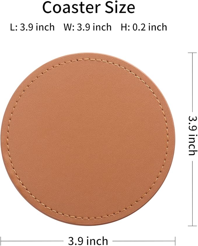 CASEGRACE Drink Coasters with Metal Holder Stand Set of 6, PU Leather Absorbent Coasters with Cork Base Table Coaster Set Decorative Coffee Cup Coasters Housewarming Gift for Home Decor