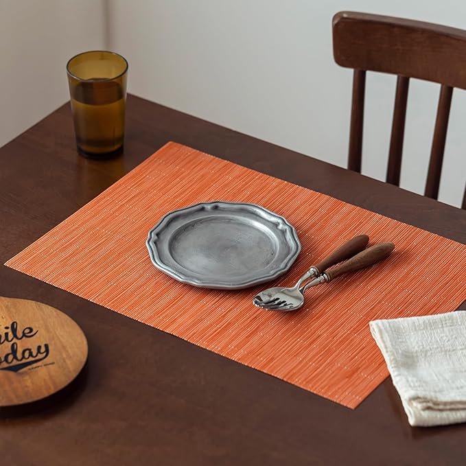 LEXMORE PVC Woven Placemats 6 PCS Wipeable Indoor/Outdoor Table Mats Washable Vinyl Place Mats for Dining Table, Set of 6-Orange