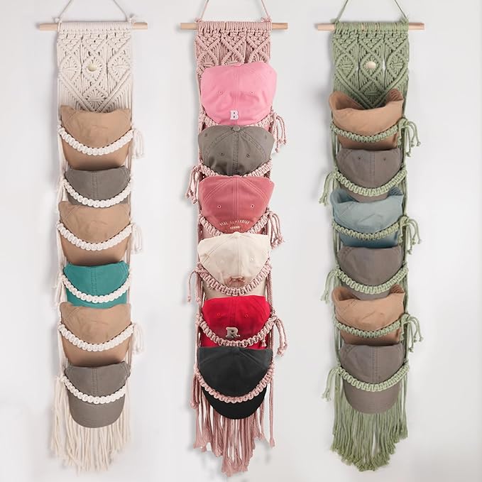 2PCS Macrame Cap Holder Boho Hat Hangers Over Door Decorative Bohemian Handmade Ball Cap Rack Organizer Woven Wall Hanging for Baseball Cap Display Decorations (Rose Pink, Up to 24 Caps)