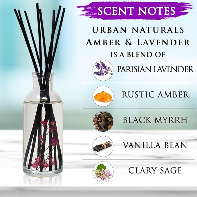 Urban Naturals Amber & Lavender Reed Diffuser Scented Sticks Set | (Awaken + Renew) Mind & Body Aromatherapy Collection | Essential Oil Botanical Diffusing Room Scent