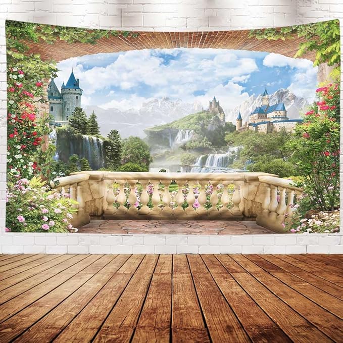 EMMTEEY Waterfall Tapestry Colorful Tapestry View from Balcony of Waterfalls with Castles Dorm Tapestry 60X40 Wall Tapestry Nature Present for Families
