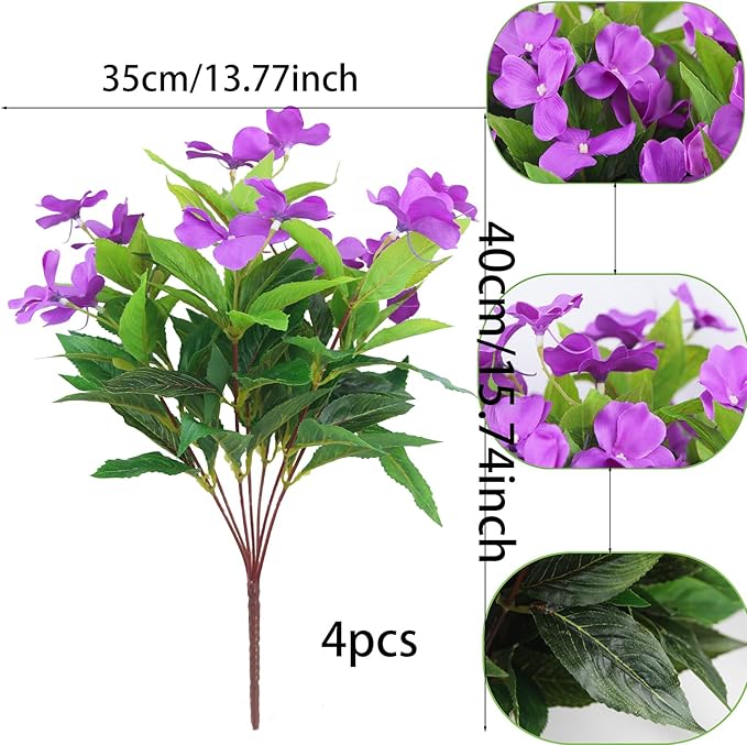 4 Pcs Artificial Flowers Outdoor Impatiens UV Resistant Silk Impatiens Flowers Purple Faux Flowers Impatiens Bushes Artificial Impatiens for Pot Patio Lawn Garden Hanging Basket Porch Decor