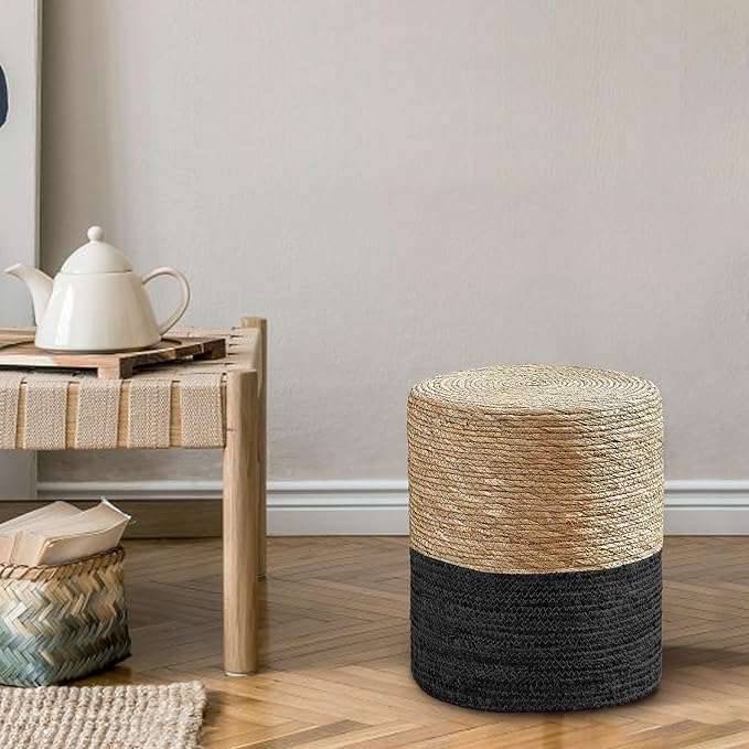 Cplxroc Pouf Ottoman, 100% Handwoven Seagrass Braided Pouffe, Boho Decor Floor Chair for Couch or Desk, Outdoor Ottomans for Garden, Round Footrest with Wood Frame, Home Decorative Seat for Balcony