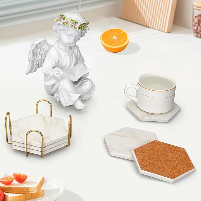 6Pcs White Marble Coaster Set with Holder Hexagon Ceramic Coasters Absorbent Coasters Drink Coasters Set for Coffee Table Bar Coasters Wine Coasters Modern Coasters Beer Coasters Cup Coasters