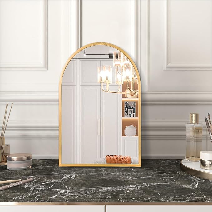Wall Mirror Arched Bathroom Mirrors, Aluminum Alloy Frame Hanging Vanity Mirror for Living Room Bedroom Entryway Vanity, Brushed Metal Framed Wall Mounted Mirror Gold 16"x12"