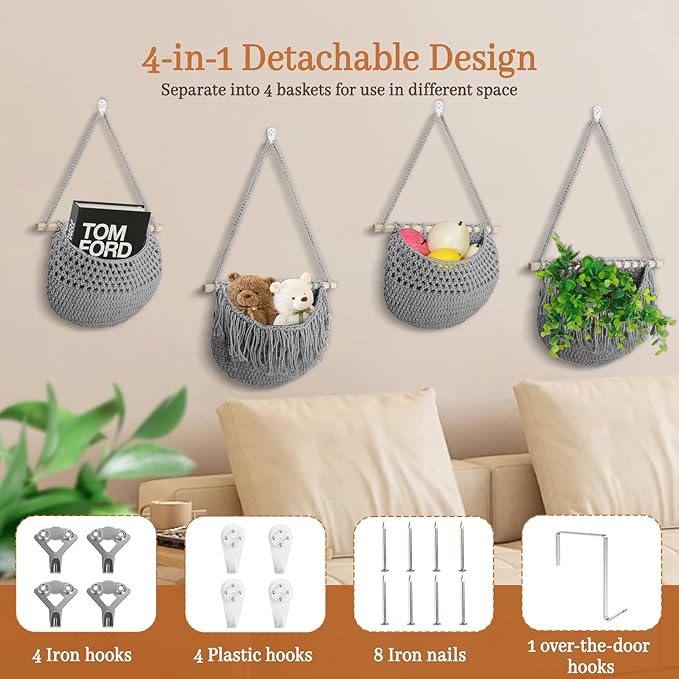 4 Tier Hanging Fruit Basket for Kitchen, 4 Pack Detachable Cotton Crocheted Wall Hanging Baskets Shelf Over Door Organizer for Fruit Veggie Plant, Hanging Storage Basket for Bathroom Bedroom(Gray)