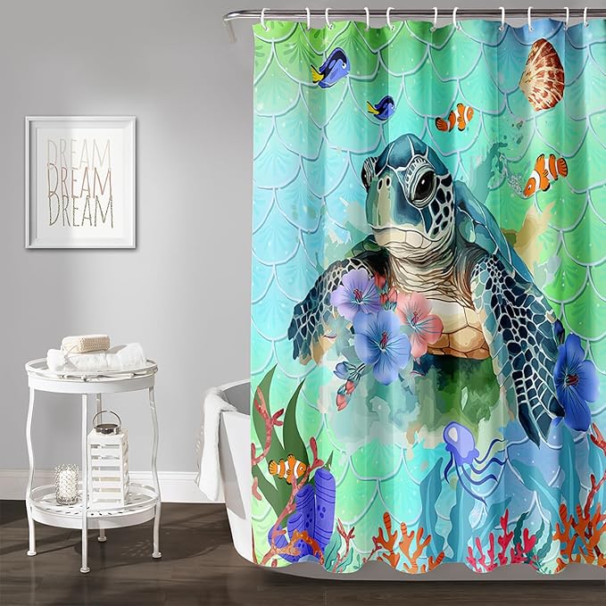 AILONEN Cartoon Sea Turtle Shower Curtain,Kawaii Sea Animal Bathroom Curtains for Kids,Girls,Watercolor Green Ocean Theme Shower Curtains Set with Hooks for Bathroom,72" W*84" H