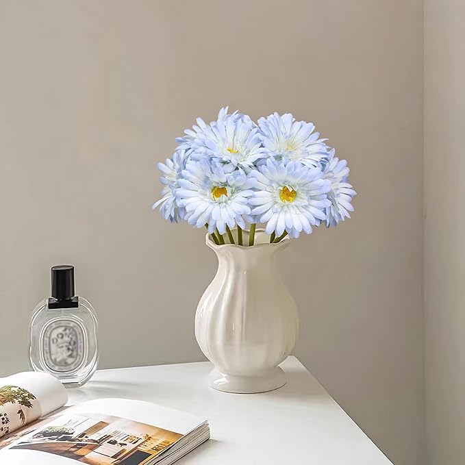 TOPIA Artificial African Daisies Flowers African Daisy Silk Flowers Artificial Gerbera Daisies Pack of 10 (Light Blue)