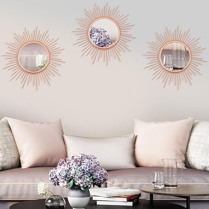 3 Pack Metal Mirrors for Wall Sunburst Wall Mirrors Home Décor Decorative Hanging Wall Art for Living Room Bedroom Entryway (Rose Gold, Sunburst)