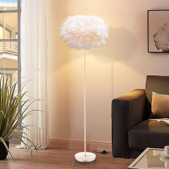 Feather Floor Lamps for Living Room, White Standing Lamp with Foot Switch, Modern Tall Lamp for Bedroom, Dining Room, Office, Corner