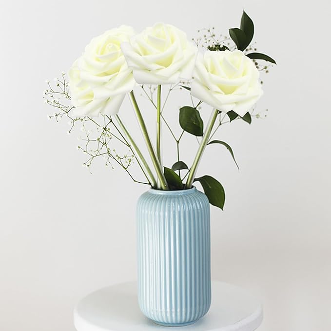 Artificial Flowers Milk White Roses 50PCS Real Looking Foam Fake Roses with Leaves and for DIY Wedding Bouquets Bridal Shower Centerpieces Party Decorations (Ivory)