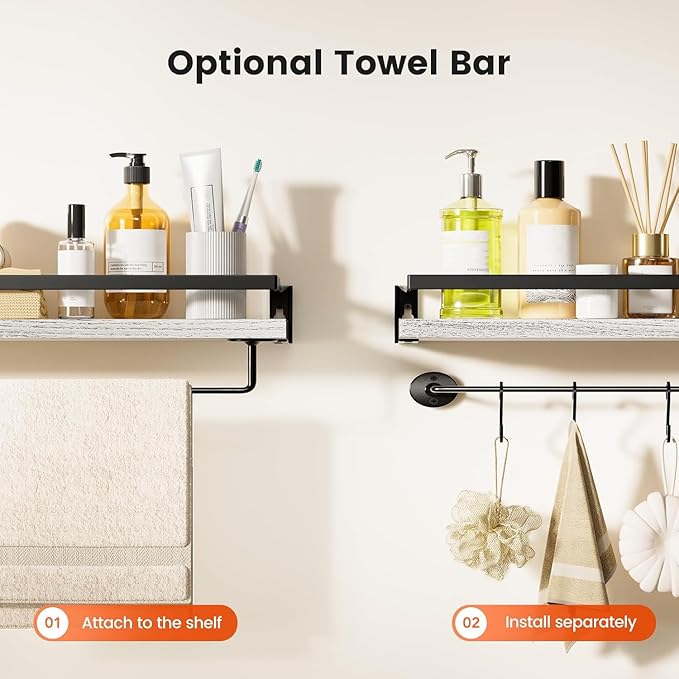 AMADA HOMEFURNISHING Wall Shelves, Floating Shelves for Bathroom, Kitchen, Bedroom, Bathroom Shelf with Towel Bar, Set of 2, White - AMFS01W