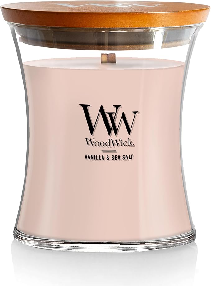 WoodWick Vanilla Sea Salt Scented Medium Hourglass Candle, Crackles as it burns, Ideal for gifting or home décor, 9.7oz