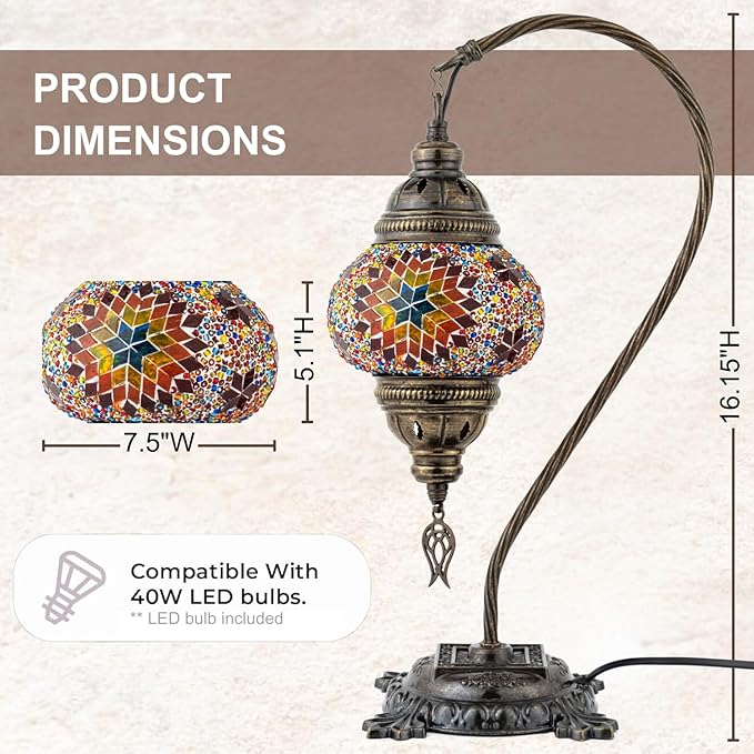 Kafthan Turkish Moroccan Mosaic Lamp – Handmade Glass Swan Neck Bedside Lamp with Antique Brass Base, Ideal Decor for Bedroom, Office, Living Room – Bulb Included (Multicolor Center Star)