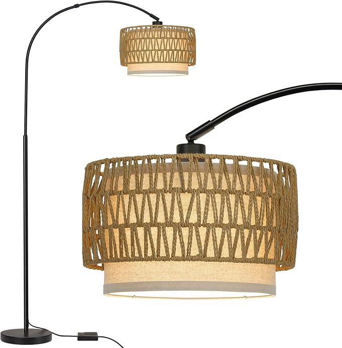 Rattan Floor Lamp, Dimmable Arc Floor Lamps for Living Room, Boho Farmhouse Standing Lamp with Adjustable Head, Tall Pole Lamp Reading Light for Bedroom, Over Couch, Office, 9W LED Bulb Included
