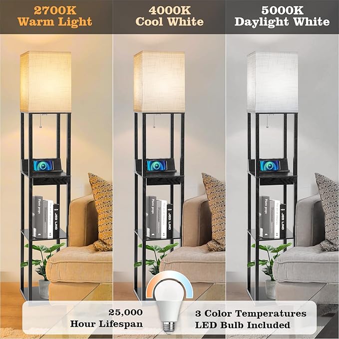 Floor Lamp with Shelves, RUNTOP LED Shelf Floor Lamp with Wireless Charger & 2 Charging USB Ports & Drawer, AC Outlet, 3 Color Temperature Tall Standing Lamp with Bulb for Living Room, Bedroom, Office