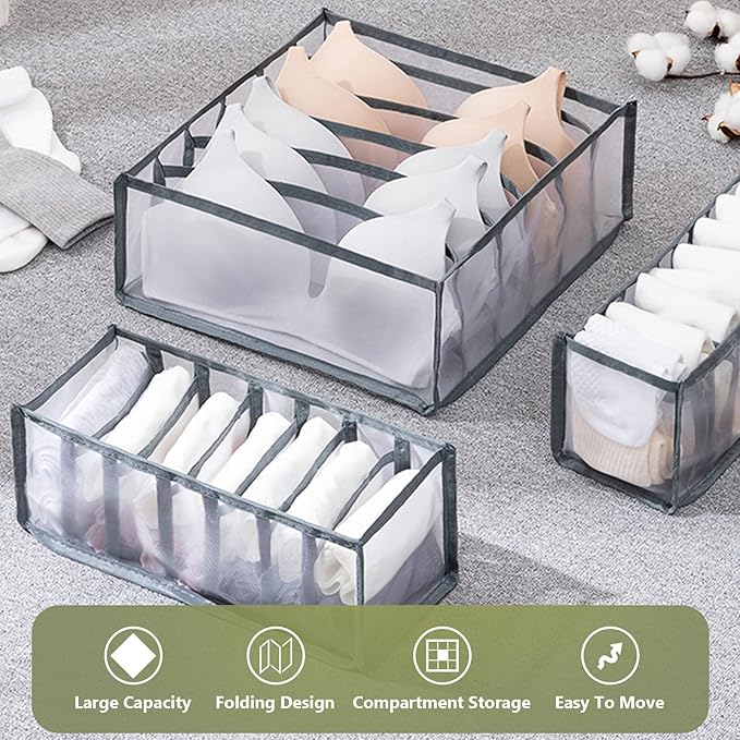 TOOVREN Bra Drawer Organizers, Underwear Wardrobe Organizers Divider, Lingerie Storage Bins, Closet Organizers and Storage Boxes, Foldable Closet Storage Box for Underwear Bra Socks (6 Grids,2 Pack)