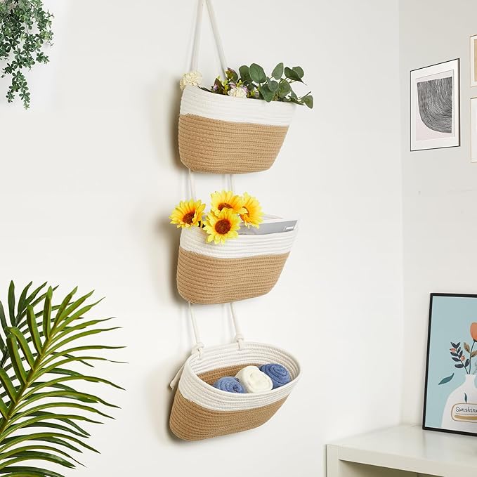 DULLEMELO Hanging Storage Basket for Organizing, 3-Tier Over The Door Organizer, Woven Wall Basket Decor Hanging Baskets for Storage, Versatile Storage for Every Room, White&Jute