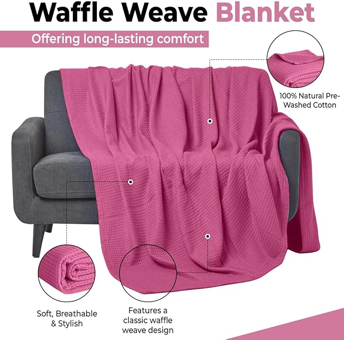 100% Cotton Blankets Throw Size for Bed - Waffle Weave Blankets for Summer, Lightweight and Breathable Soft Woven Blanket for Spring, (Pink, Throw (50" x 60"))