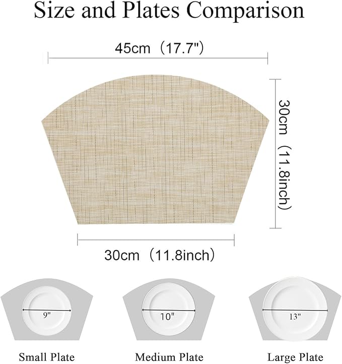 SHACOS Small Round Table Placemats Wedge Placemat Set of 4 Non Slip Heat Resistant Woven Vinyl Table Mats Wipe Clean Indoor Outdoor (4, Beige Yellow)