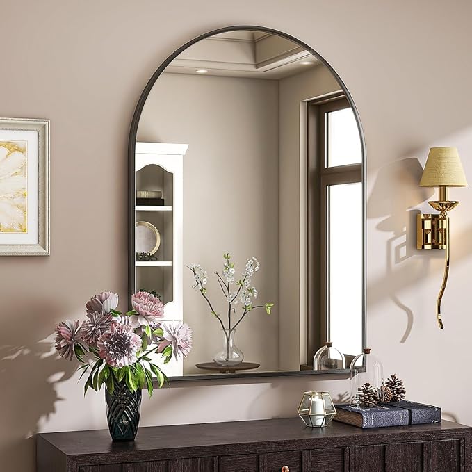 Arched Wall Mirror, 30 x 38 inch Arch Bathroom Mirror, Wall Mounted Vanity Mirror with Arch Metal Frame, Modern Bathroom Vanity Mirror for Bedroom, Living Room, Hanging or Leaning, Black