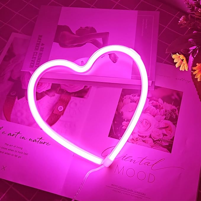 Pink Heart Neon Sign for Valentine's Day, Led Light 8.78.7 Inch Battery or USB Powered Romantic Love Lamp for Bedroom Wall Decor Art Kids Girl Room Wedding Party