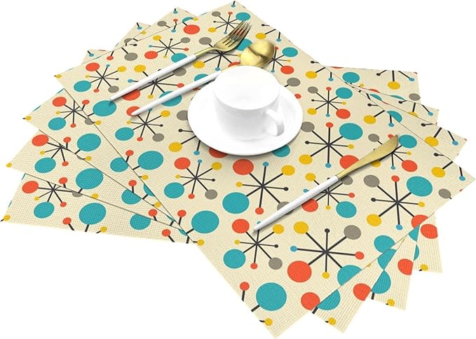 Mid Century Fifties Modern Atomic Retro Placemats Set of 4 Yellow Kitchen Table Mats for Dining Farmhouse Holiday Home Decor Linen Washable Place Mats 12"x18"