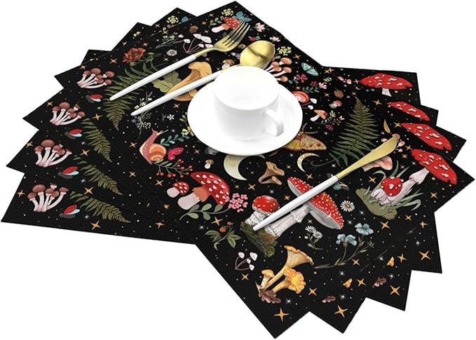 Mushroom Placemats Set of 4, Moth Gothic Witchy Table Mats, Heat Resistant Washable Placemat for Kitchen Dining Tables Decor, Black and Red Linen Place Mats 12"x18", Witchy Gifts for Women