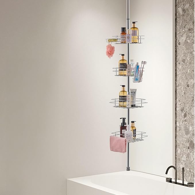 VEVOR Shower Corner Caddy Tension Pole, 42" to 114" High, Multi-Functional Shower Tension Pole with Strong Load-Bearing Tray, Rust-Proof Easy-to-Install, Fit for Bathroom & Washroom