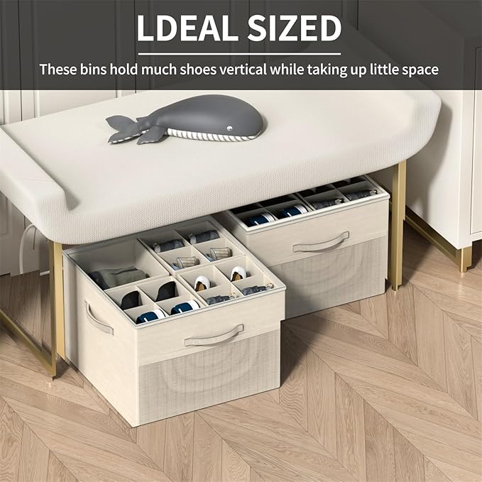 Aokeyee Shoe Organizer for Closet,Foldable Shoe Storage Organizer Box Bin with Adjustable Dividers and Clear Cover, Fits up to 16 Pairs (Beige)