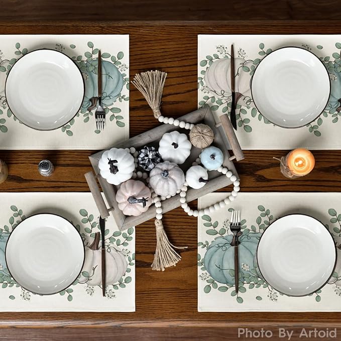 Artoid Mode Pumpkins Eucalyptus Leaves Fall Placemats Set of 6, 12x18 Inch Autumn Thanksgiving Holiday Table Mats for Party Kitchen Dining Decoration
