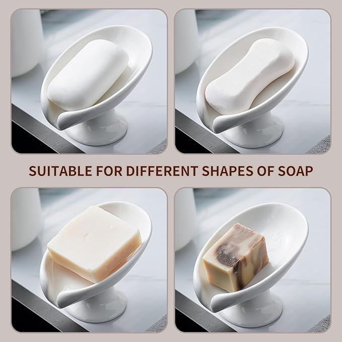 Soap Dish, Soap Holder Self Draining Leaf Shape Soap Dishes,White Ceramic Draining Soap Tray for Shower, Bathroom Sink, Kitchen (Small Size-White, 1)