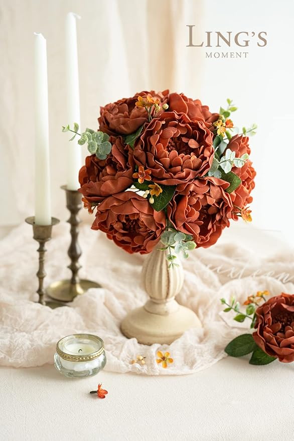 Ling's Moment Flowers 16pcs Burnt Orange Rust Blooming Peonies Artificial Flowers with Stem, Artificial Peony Flowers for DIY Wedding Decorations Centerpieces Bouquets Boutonnieres