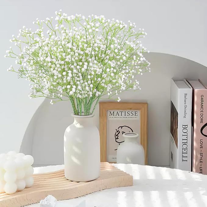 N&T NIETING 10Pcs Artificial Baby Breath Flowers White with Long Stem, Real Touch Silk Gypsophila Bouquets Bulk for Wedding, DIY Floral Arrangements, Home & Office Decor, Party Centerpieces, White