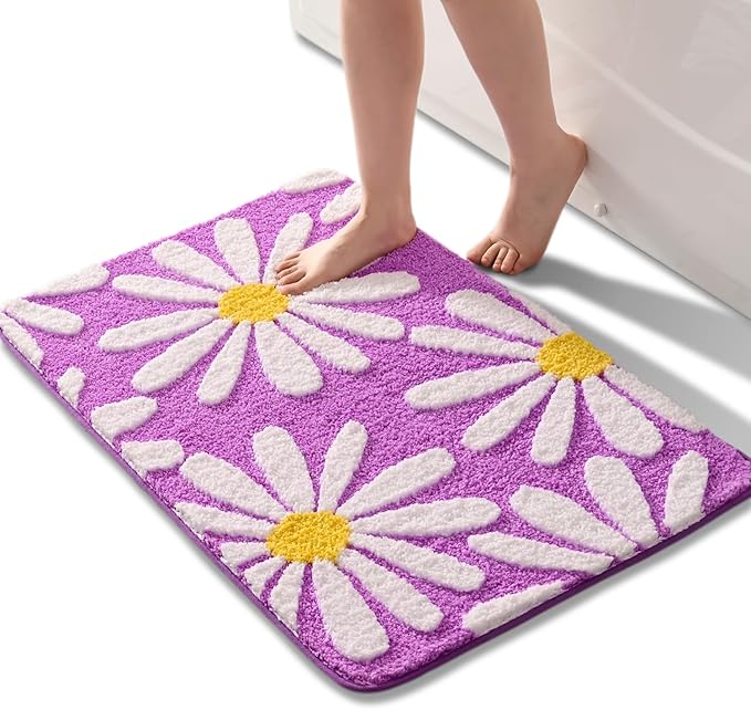 QJHOMO Purple Bathroom Rugs Cute Daisy Bath Mat White and Yellow Flower Decor Rug Non Slip Floor Carpet Microfiber Bathmat Super Absorbent Machine Washable Bathtub Mats for Shower (24x36 inch)