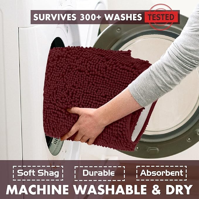 LuxUrux Bathroom Rugs Sets 2 Piece: Quick Dry, Soft Plush Anti-Slip, Super Absorbent. Includes Rectangular (31x20 inches) & U-Shaped Toilet Mat (20x20 inches) | Burgundy