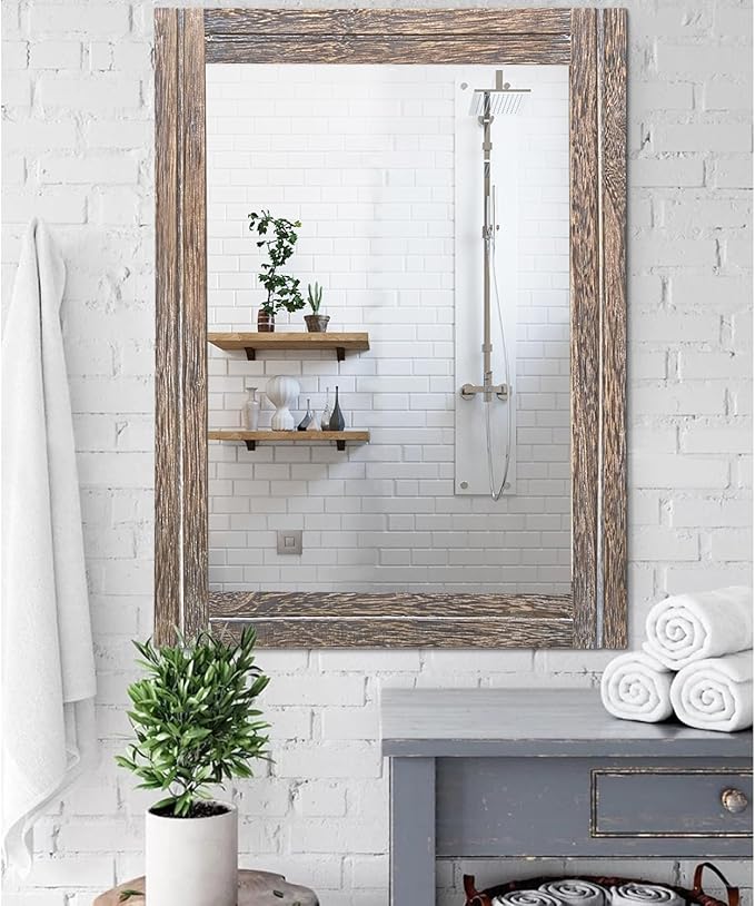 AAZZKANG Large Mirror with Wood Framed 28"x20" Rectangle Rustic Wall Mirror Decor for Bedroom Bathroom Living Room Entryway