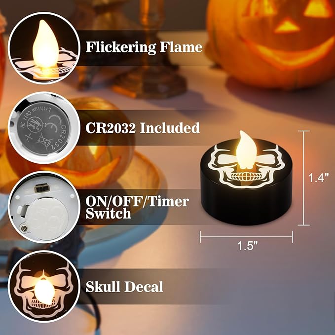 DRomance Halloween Flameless Votive Candles Battery Operated with 6H Timer, 12 Pack Black Spooky Skull Decal LED Flickering Pumpkin Tea Lights Candles Fall Indoor Decoration(1.5" D x 1.4" H)