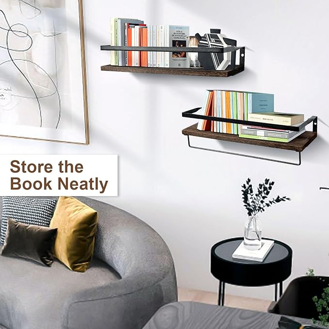 AGM Floating Shelves, Bathroom Floating Shelf Set of 2, Carbonized Black Wall Storage Shelf with Towel Bar, Wall Mounted Shelves for Plants, Book, Bathroom, Bedroom, Kitchen, Living Room Decoration