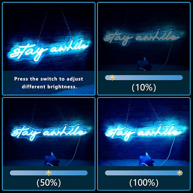Stay Awhile Neon Signs - IMEGINA Dimmable LED Bar Neon Sign for Wall Decor 19.7x5 Inch, USB Powered Cool Neon Light for Bedroom Home Room Pub Party, Birthday Christmas Gift (Ice Blue)