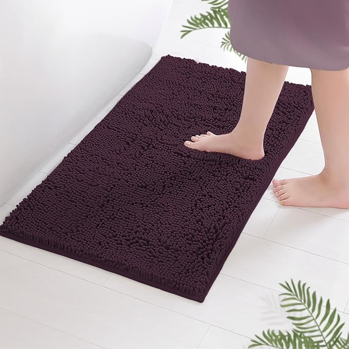 LuxUrux Bathroom Rugs Sets 2 Piece - Plush Bath Mat Set Quick-Dry Soft Chenille Bathroom Mat with Rubber Backing, Absorbant Bathroom Rug Set, Washable.(17 x 24, Plum)