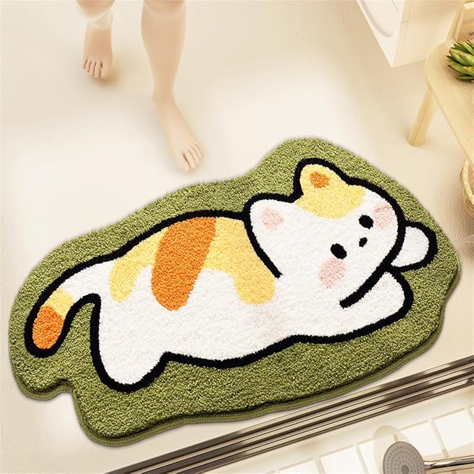 Bathroom Rug Cute Animal Pattern Fun Bath Mat, Microfibre Soft Oval Rug, Rubber Back, Multi-Color, Durable, Machine Wash Bath Mat for Bathroom Floor, 19.68"x 31.49", (Cat)