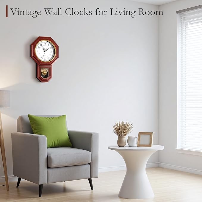 Regulator Wall Clock with Pendulum,Imitation Red Wood Plastic Wall Clock Battery Operated,Vintage Decorative Wall Clocks for Living Room,Farmhouse,Office,Bedroom,Kitchen,Wall Decor